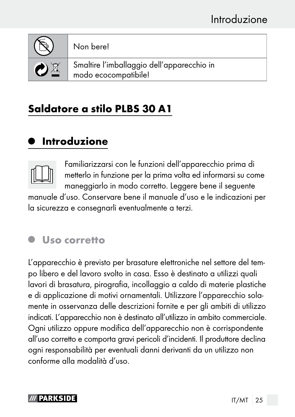 Introduzione, Saldatore a stilo plbs 30 a1, Uso corretto | Parkside PLBS 30 A1 User Manual | Page 25 / 90