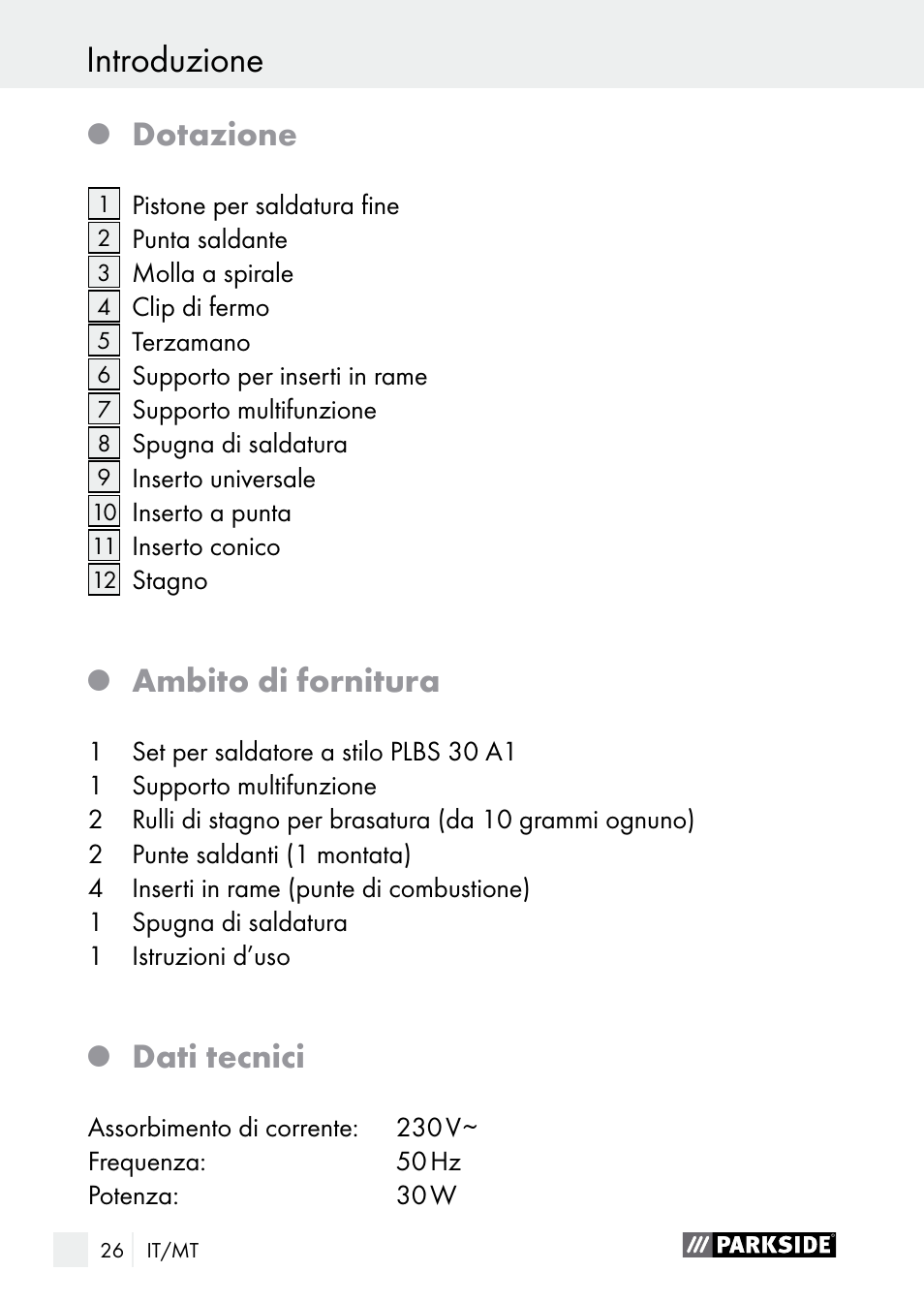 Indicazioni di sicurezza introduzione, Dotazione, Ambito di fornitura | Dati tecnici | Parkside PLBS 30 A1 User Manual | Page 26 / 90