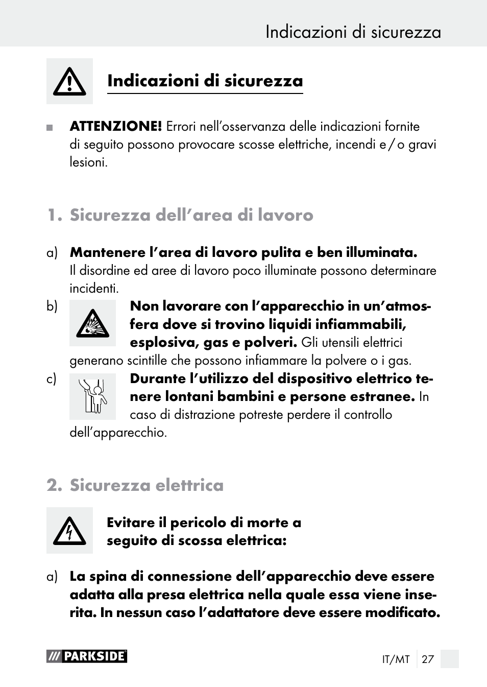 Indicazioni di sicurezza introduzione, Indicazioni di sicurezza, Sicurezza dell’area di lavoro | Sicurezza elettrica | Parkside PLBS 30 A1 User Manual | Page 27 / 90