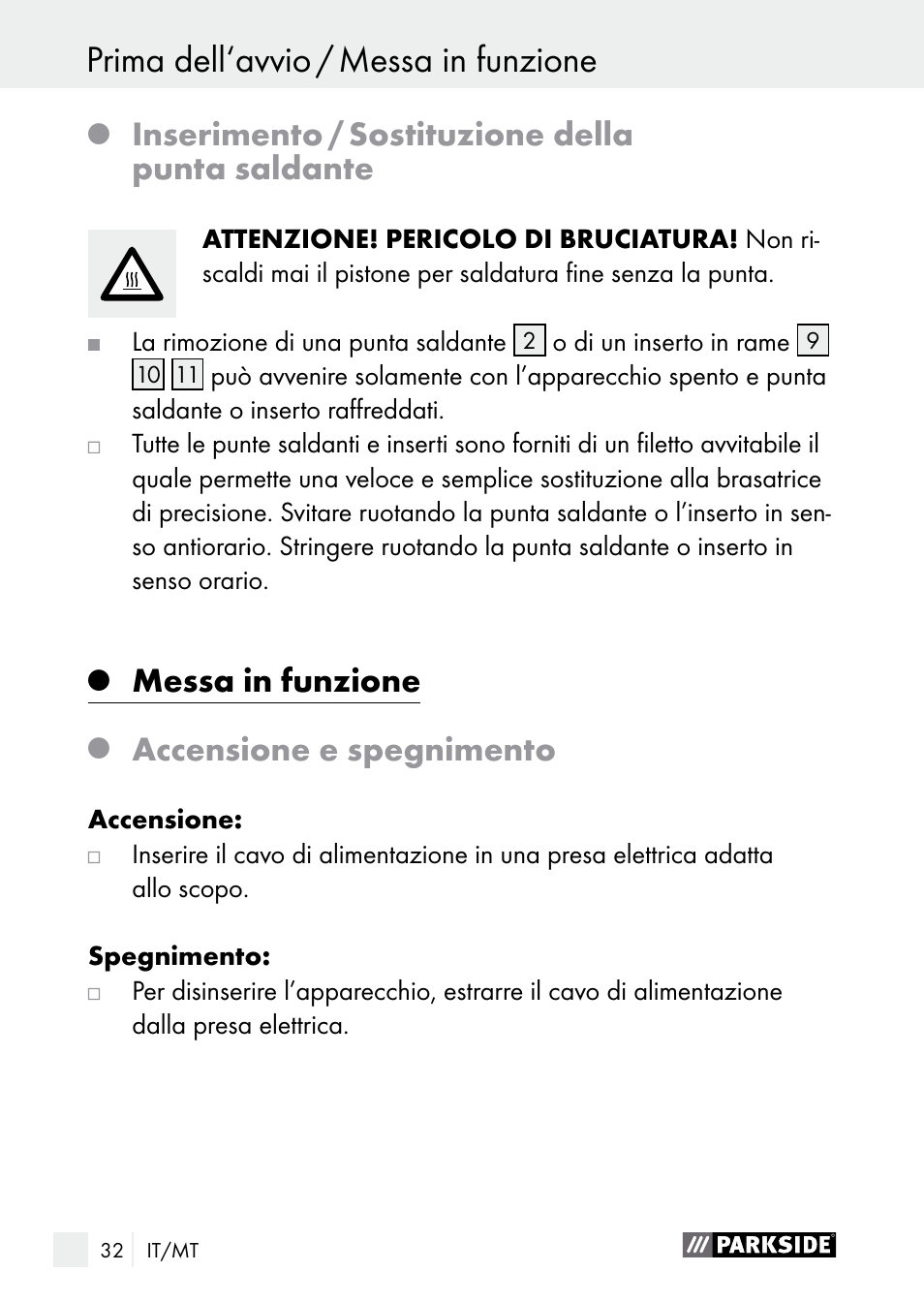 Inserimento / sostituzione della punta saldante, Messa in funzione, Accensione e spegnimento | Parkside PLBS 30 A1 User Manual | Page 32 / 90