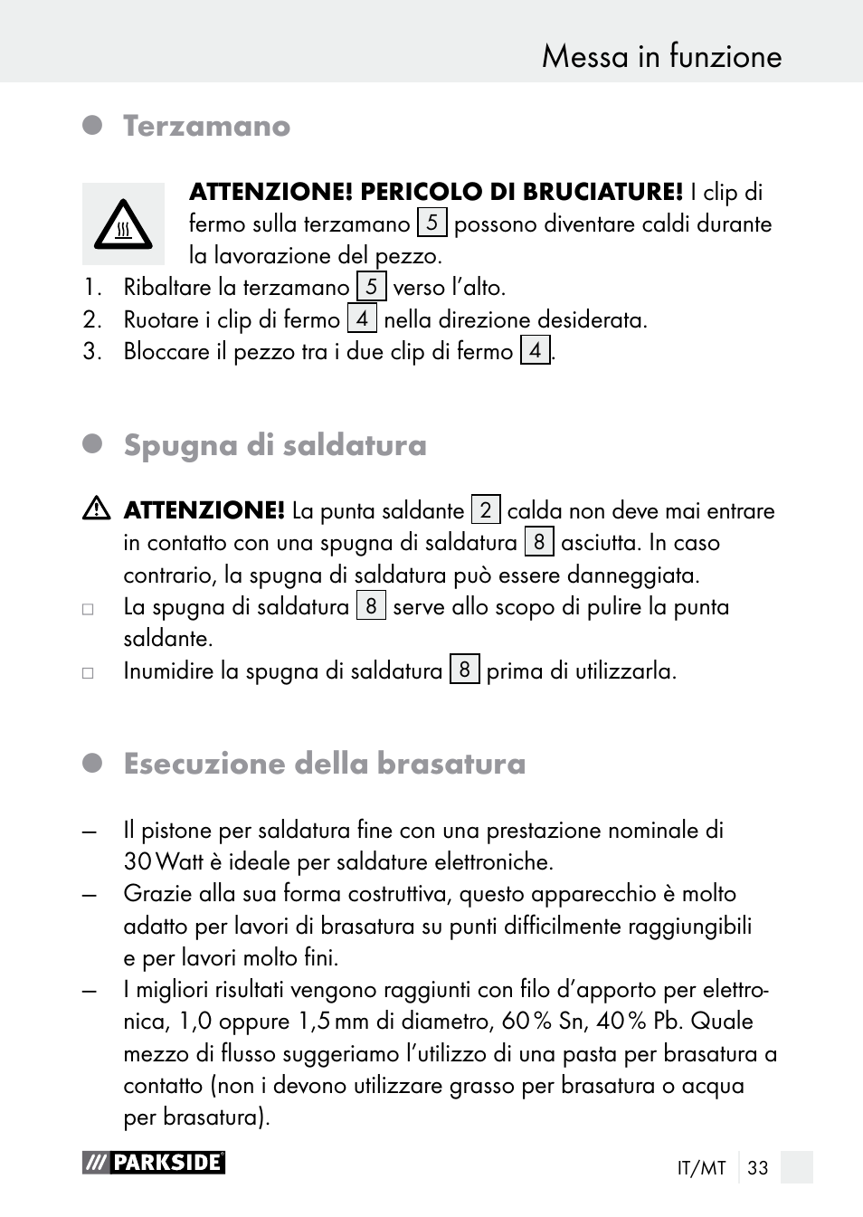 Terzamano, Spugna di saldatura, Esecuzione della brasatura | Parkside PLBS 30 A1 User Manual | Page 33 / 90