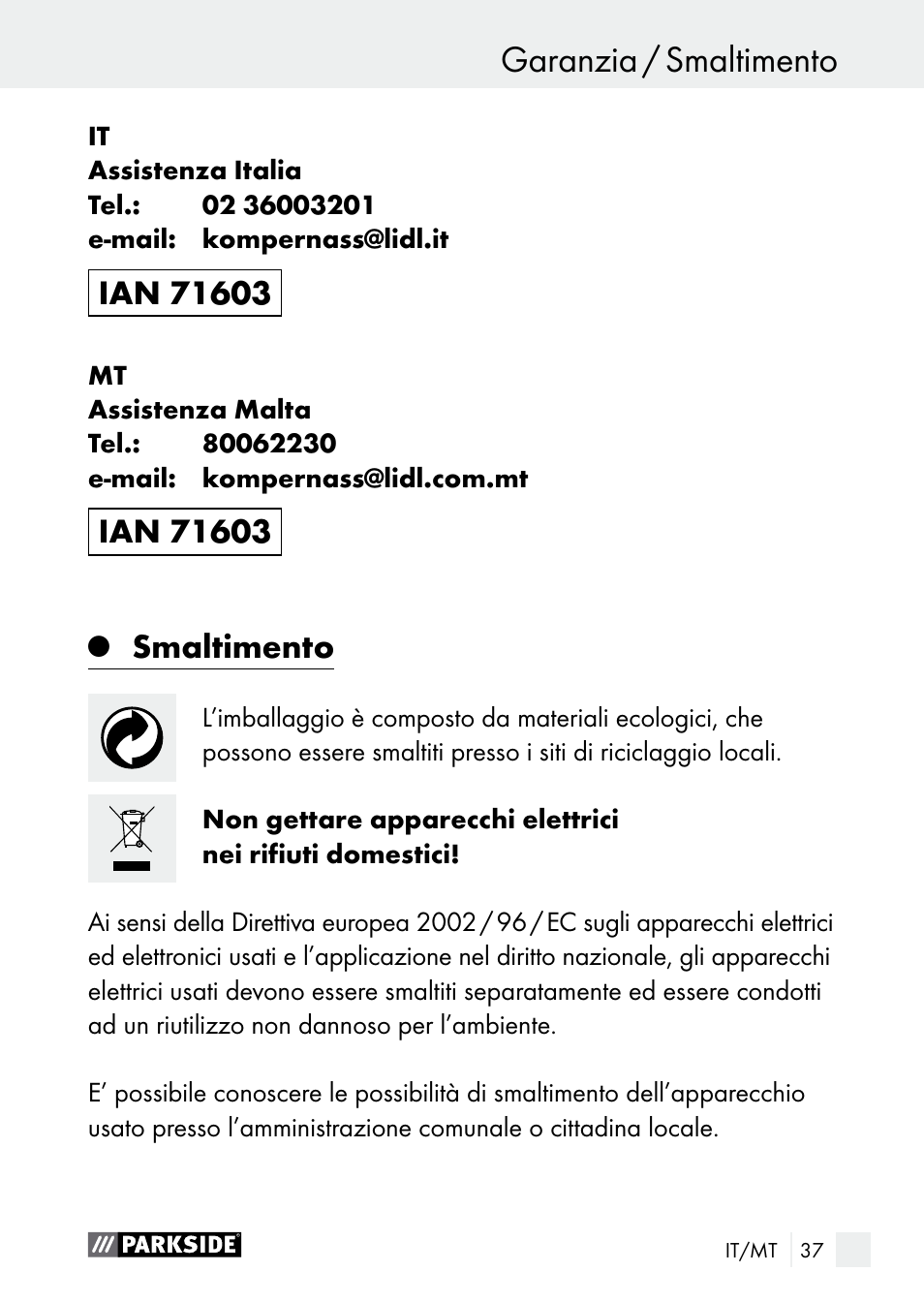 Garanzia / smaltimento assistenza / garanzia, Smaltimento | Parkside PLBS 30 A1 User Manual | Page 37 / 90