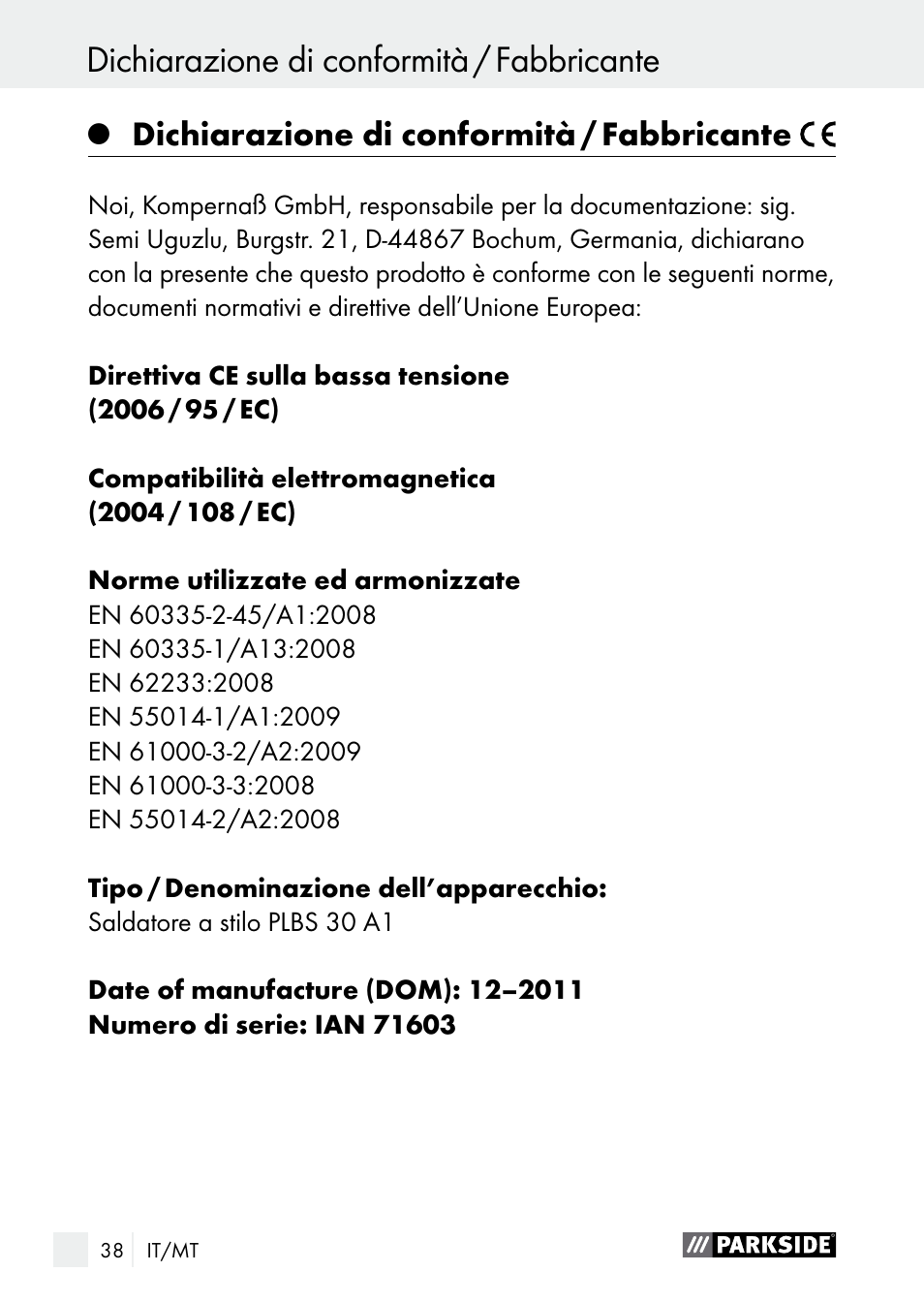 Dichiarazione di conformità / fabbricante | Parkside PLBS 30 A1 User Manual | Page 38 / 90