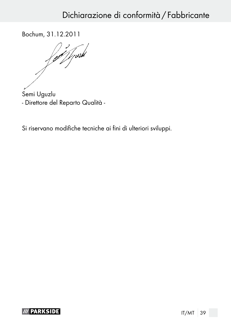 Dichiarazione di conformità / fabbricante | Parkside PLBS 30 A1 User Manual | Page 39 / 90