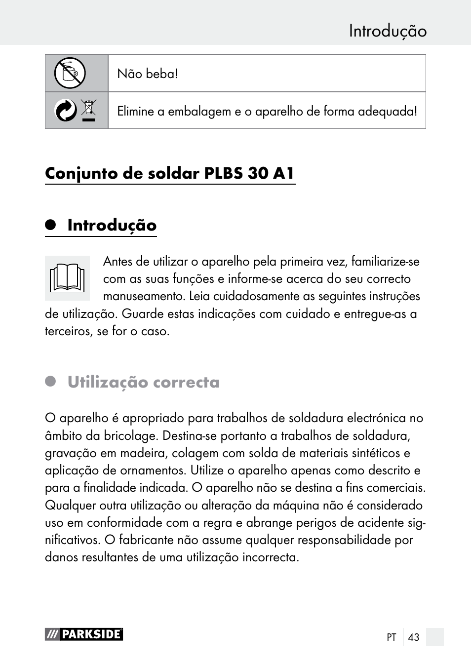 Introdução, Conjunto de soldar plbs 30 a1, Utilização correcta | Parkside PLBS 30 A1 User Manual | Page 43 / 90