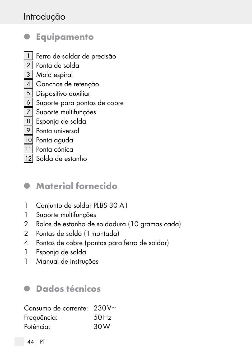 Indicações de segurança introdução, Equipamento, Material fornecido | Dados técnicos | Parkside PLBS 30 A1 User Manual | Page 44 / 90