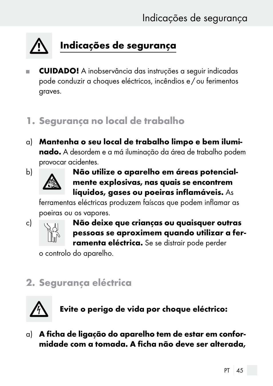 Indicações de segurança introdução, Indicações de segurança, Segurança no local de trabalho | Segurança eléctrica | Parkside PLBS 30 A1 User Manual | Page 45 / 90