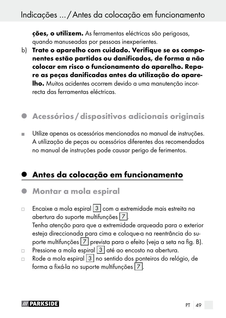 Acessórios / dispositivos adicionais originais, Antes da colocação em funcionamento, Montar a mola espiral | Parkside PLBS 30 A1 User Manual | Page 49 / 90
