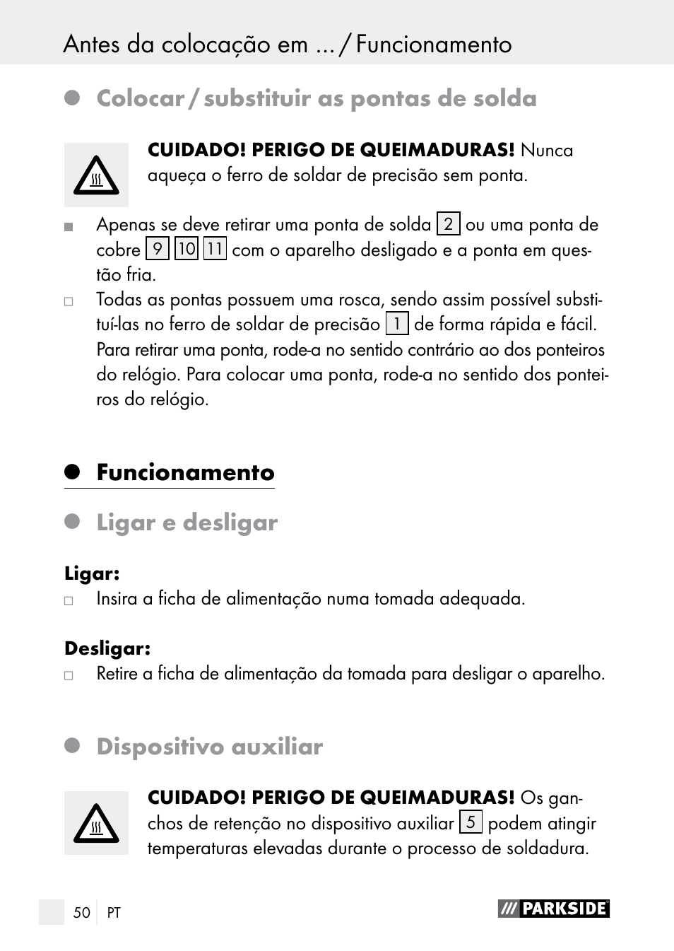 Colocar / substituir as pontas de solda, Funcionamento, Ligar e desligar | Dispositivo auxiliar | Parkside PLBS 30 A1 User Manual | Page 50 / 90