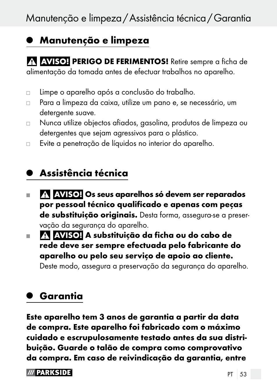 Manutenção e limpeza, Assistência técnica, Garantia | Parkside PLBS 30 A1 User Manual | Page 53 / 90