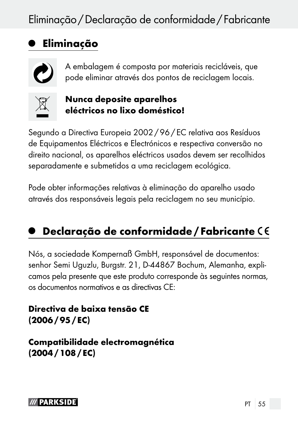 Eliminação, Declaração de conformidade / fabricante | Parkside PLBS 30 A1 User Manual | Page 55 / 90