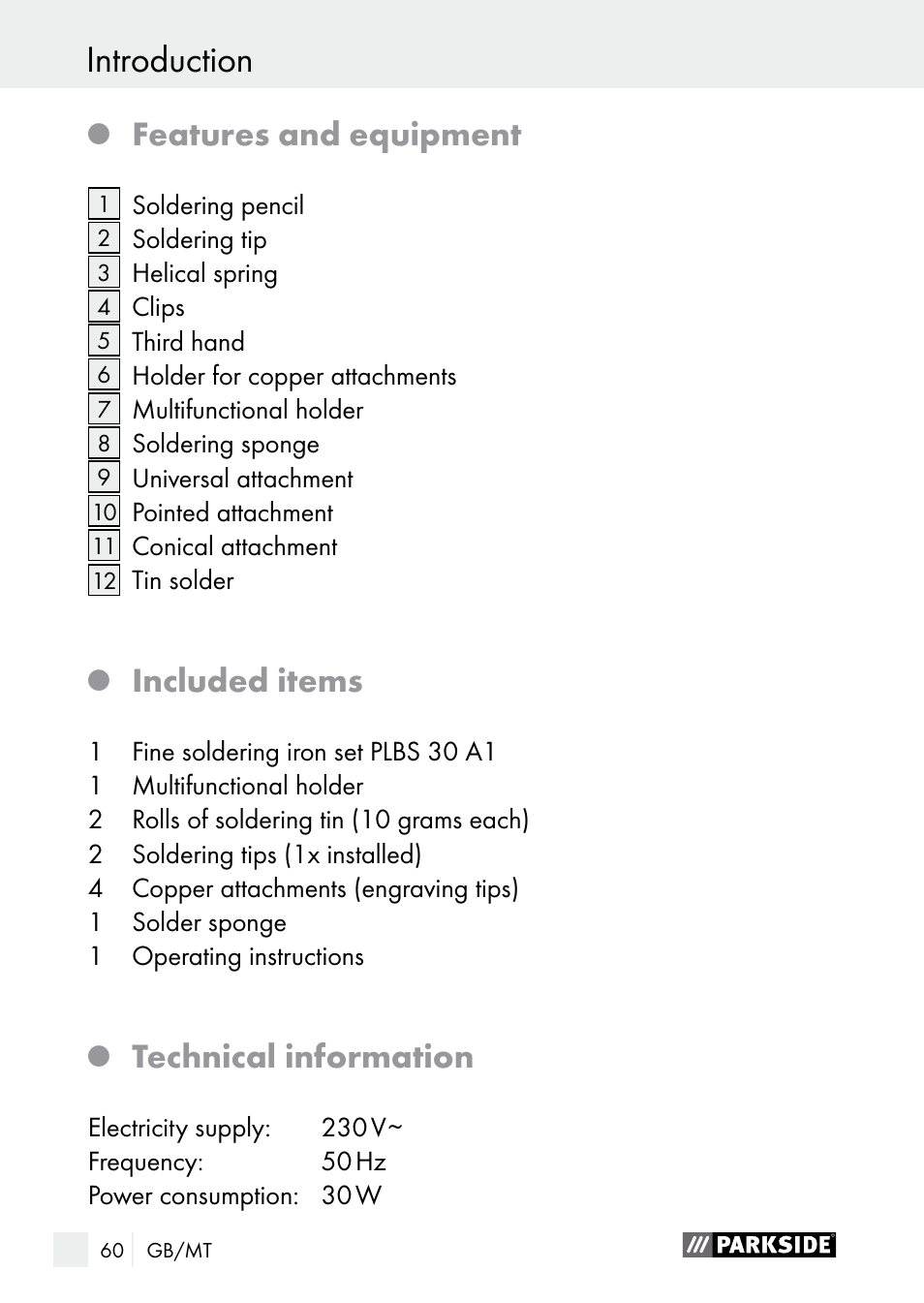 Safety advice introduction, Features and equipment, Included items | Technical information | Parkside PLBS 30 A1 User Manual | Page 60 / 90