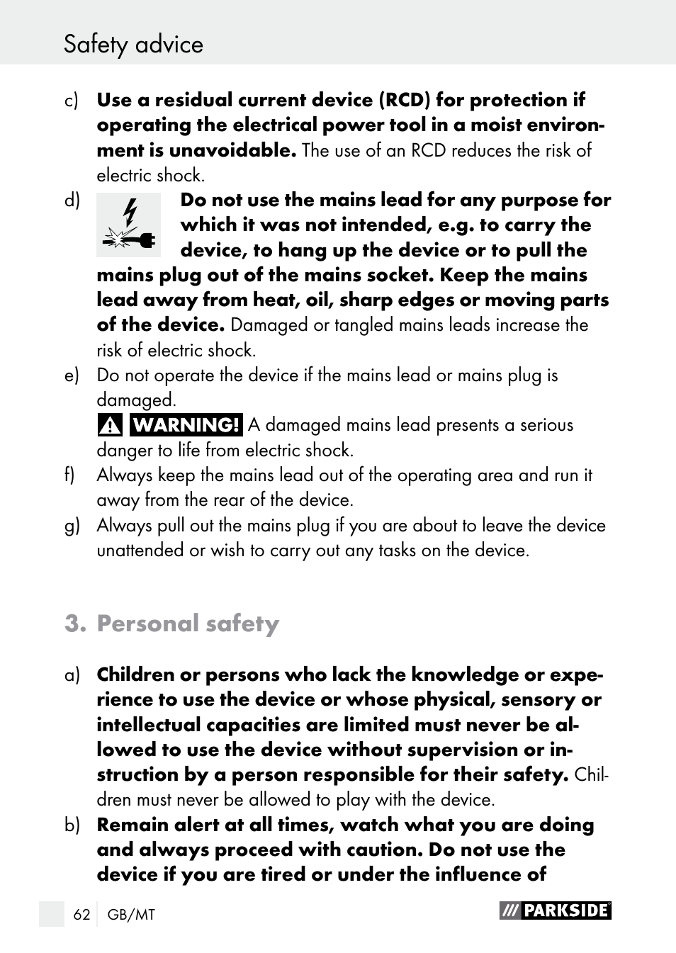 Safety advice, Personal safety | Parkside PLBS 30 A1 User Manual | Page 62 / 90
