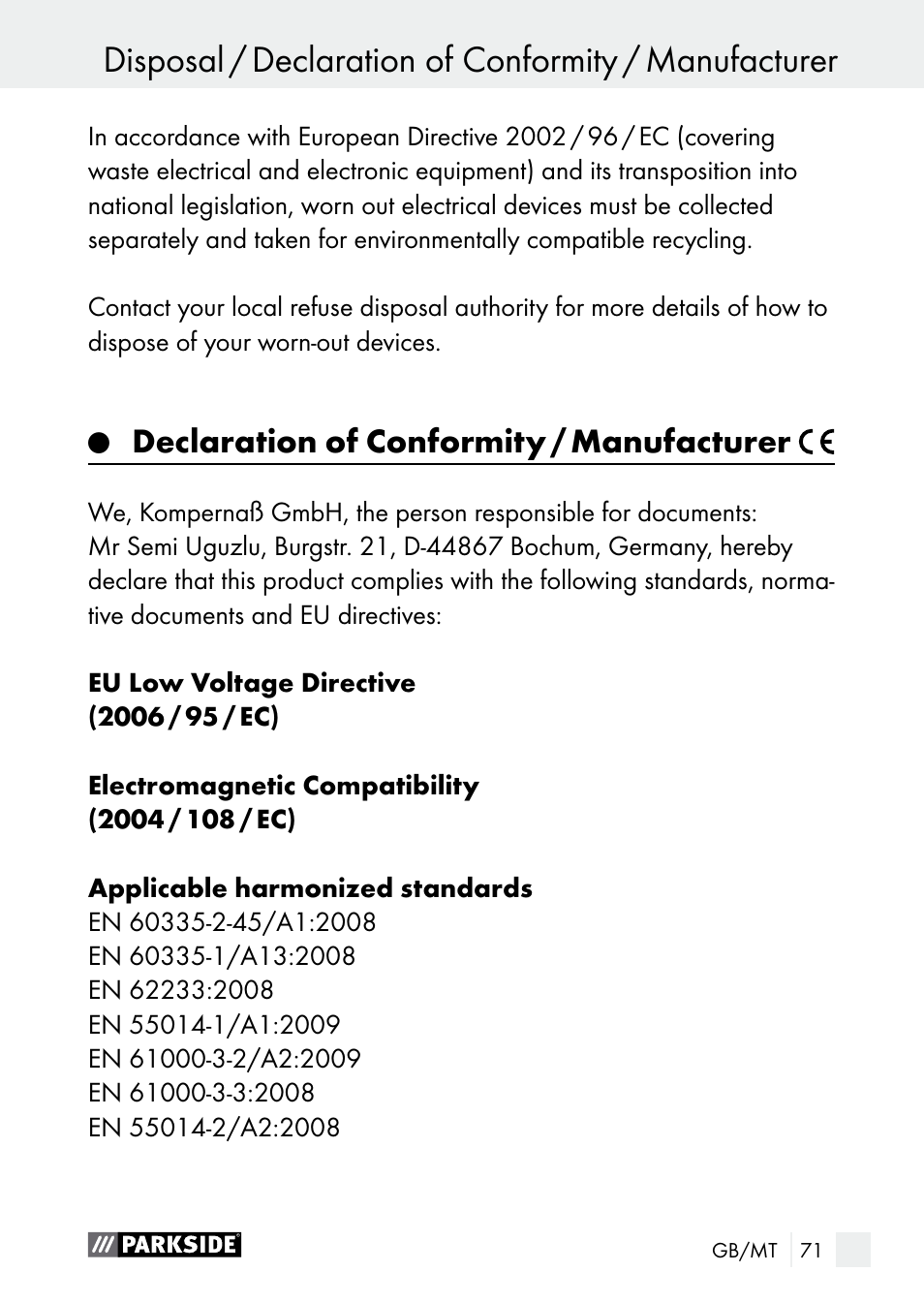 Declaration of conformity / manufacturer | Parkside PLBS 30 A1 User Manual | Page 71 / 90