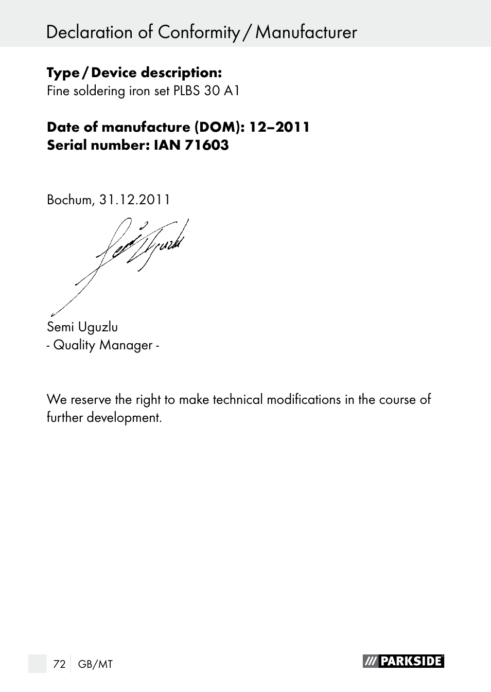 Parkside PLBS 30 A1 User Manual | Page 72 / 90