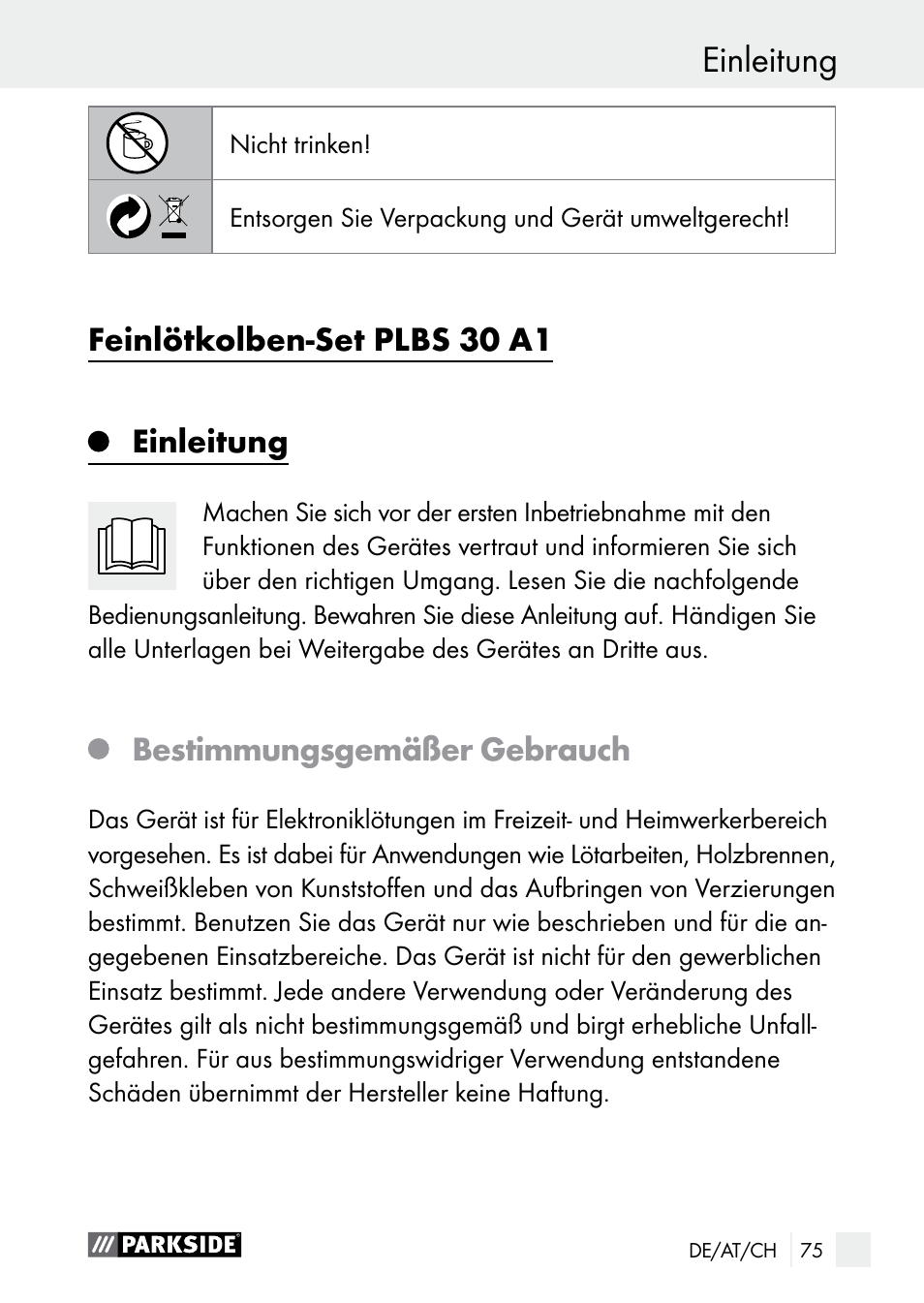 Feinlötkolben-set plbs 30 a1, Einleitung, Bestimmungsgemäßer gebrauch | Parkside PLBS 30 A1 User Manual | Page 75 / 90