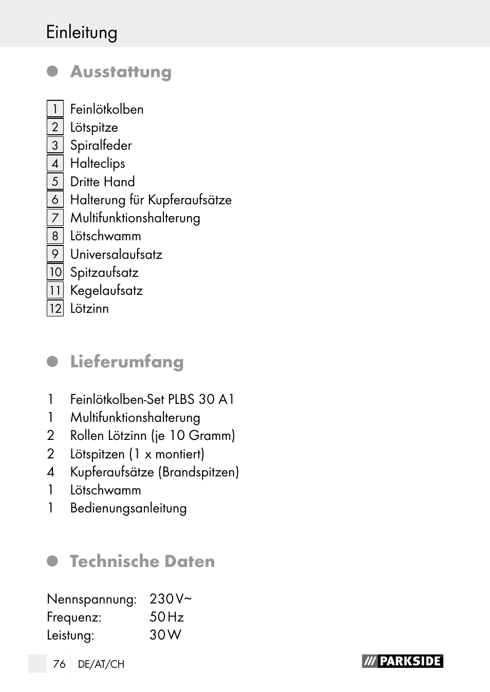 Einleitung sicherheitshinweise, Ausstattung, Lieferumfang | Technische daten | Parkside PLBS 30 A1 User Manual | Page 76 / 90