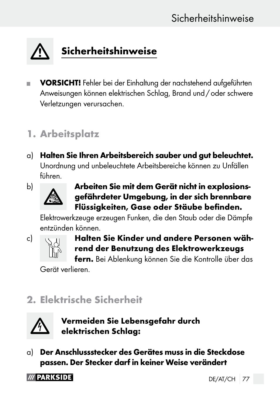 Einleitung sicherheitshinweise, Sicherheitshinweise, Arbeitsplatz | Elektrische sicherheit | Parkside PLBS 30 A1 User Manual | Page 77 / 90