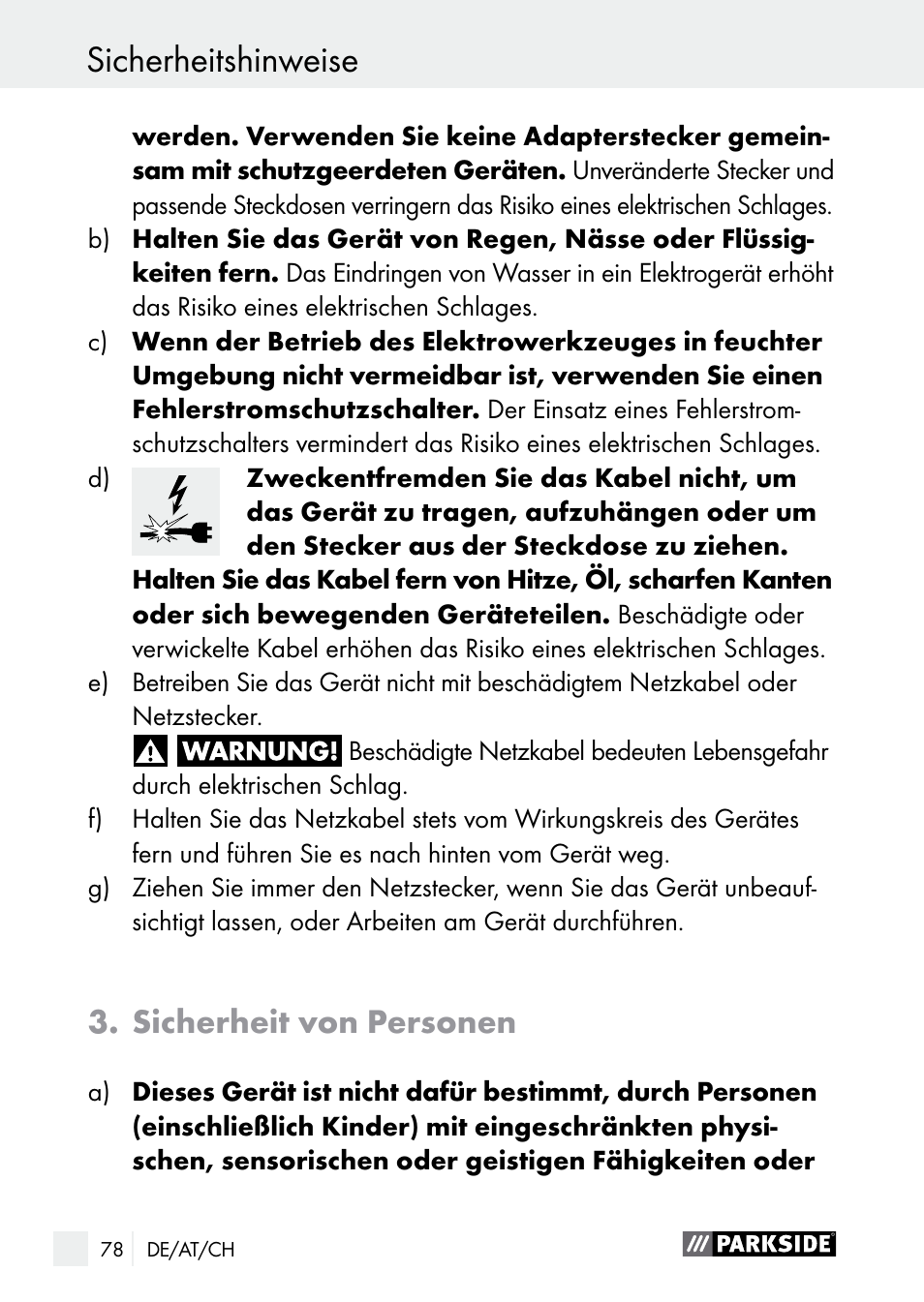 Sicherheitshinweise, Sicherheit von personen | Parkside PLBS 30 A1 User Manual | Page 78 / 90