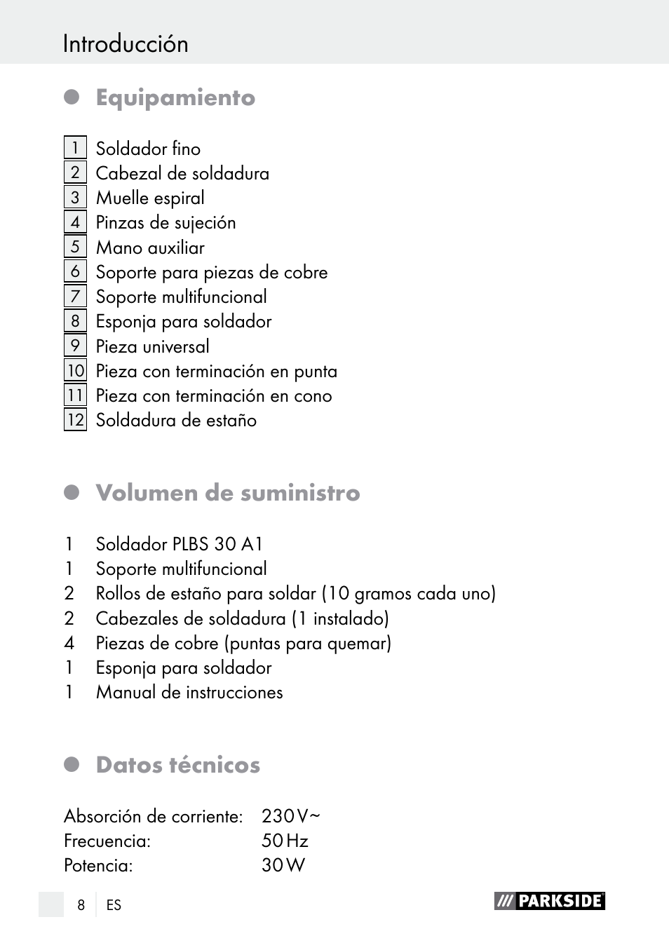 Advertencias de seguridad introducción, Equipamiento, Volumen de suministro | Datos técnicos | Parkside PLBS 30 A1 User Manual | Page 8 / 90