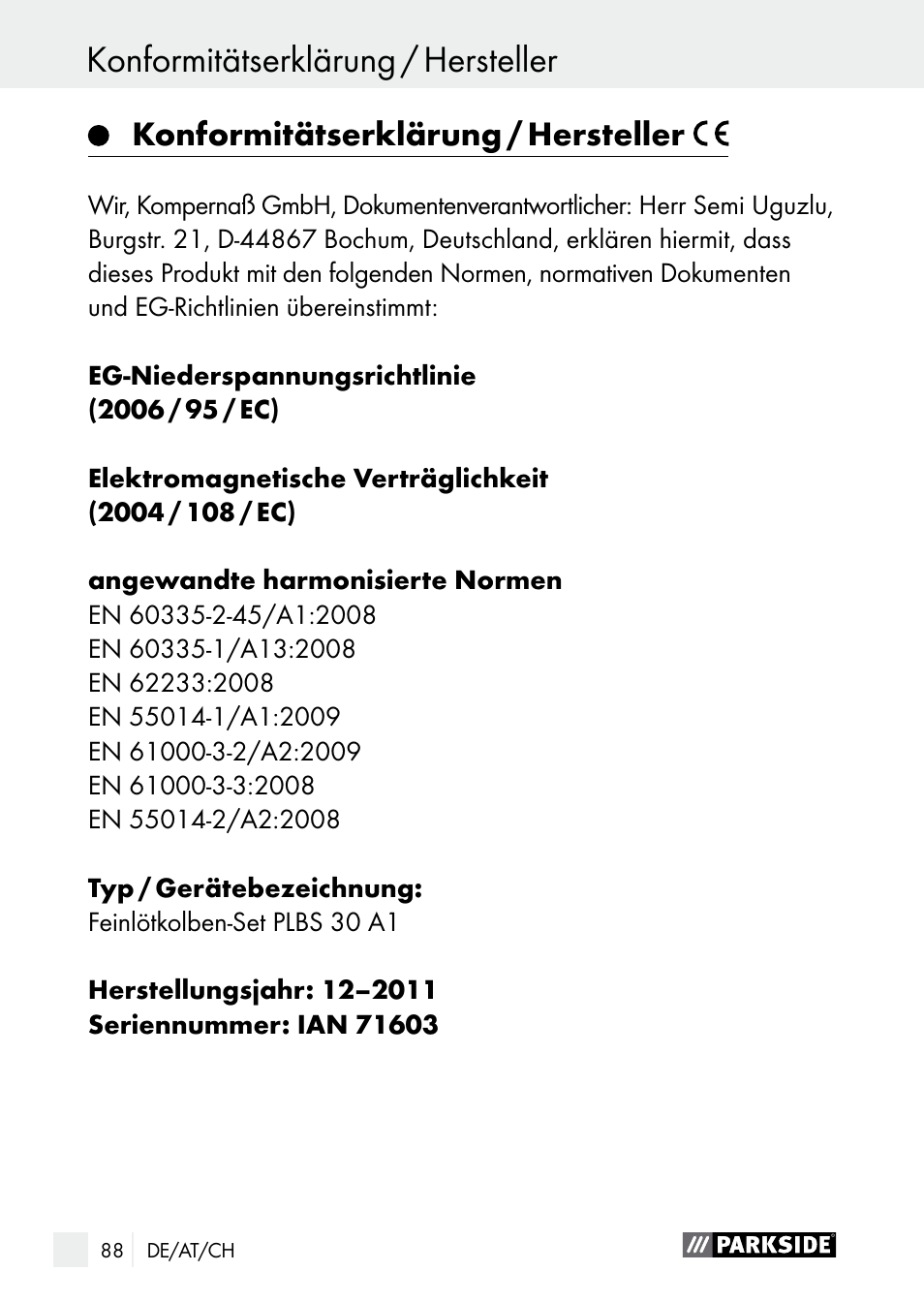 Konformitätserklärung / hersteller | Parkside PLBS 30 A1 User Manual | Page 88 / 90