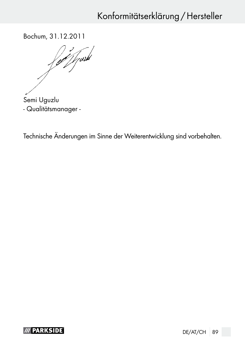Konformitätserklärung / hersteller | Parkside PLBS 30 A1 User Manual | Page 89 / 90