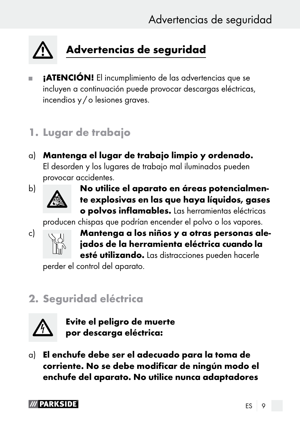Advertencias de seguridad introducción, Advertencias de seguridad, Lugar de trabajo | Seguridad eléctrica | Parkside PLBS 30 A1 User Manual | Page 9 / 90