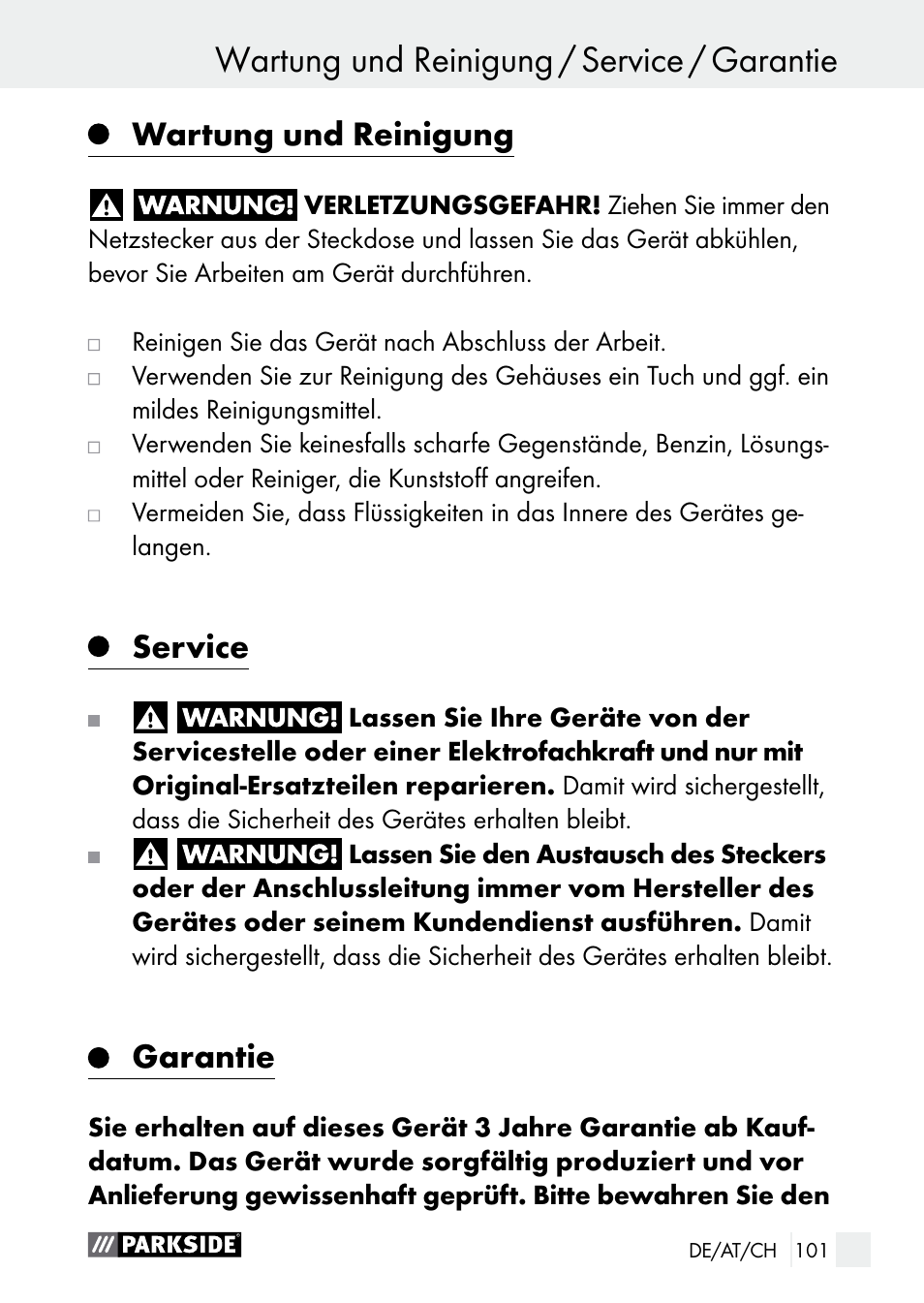 Wartung und reinigung, Service, Garantie | Parkside PLBS 30 A1 User Manual | Page 101 / 106
