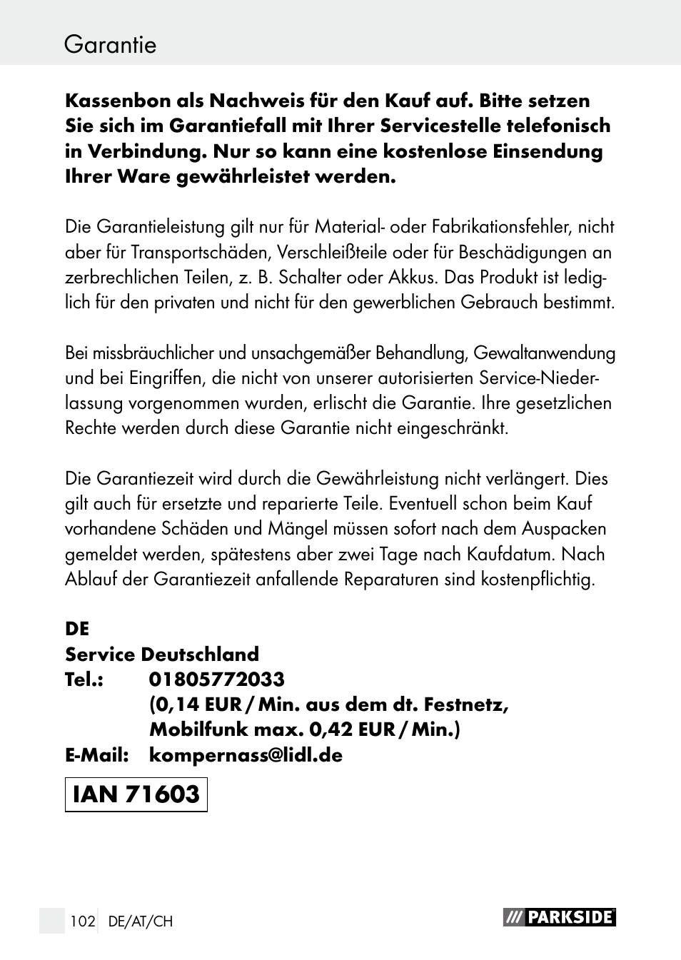 Garantie / entsorgung garantie | Parkside PLBS 30 A1 User Manual | Page 102 / 106
