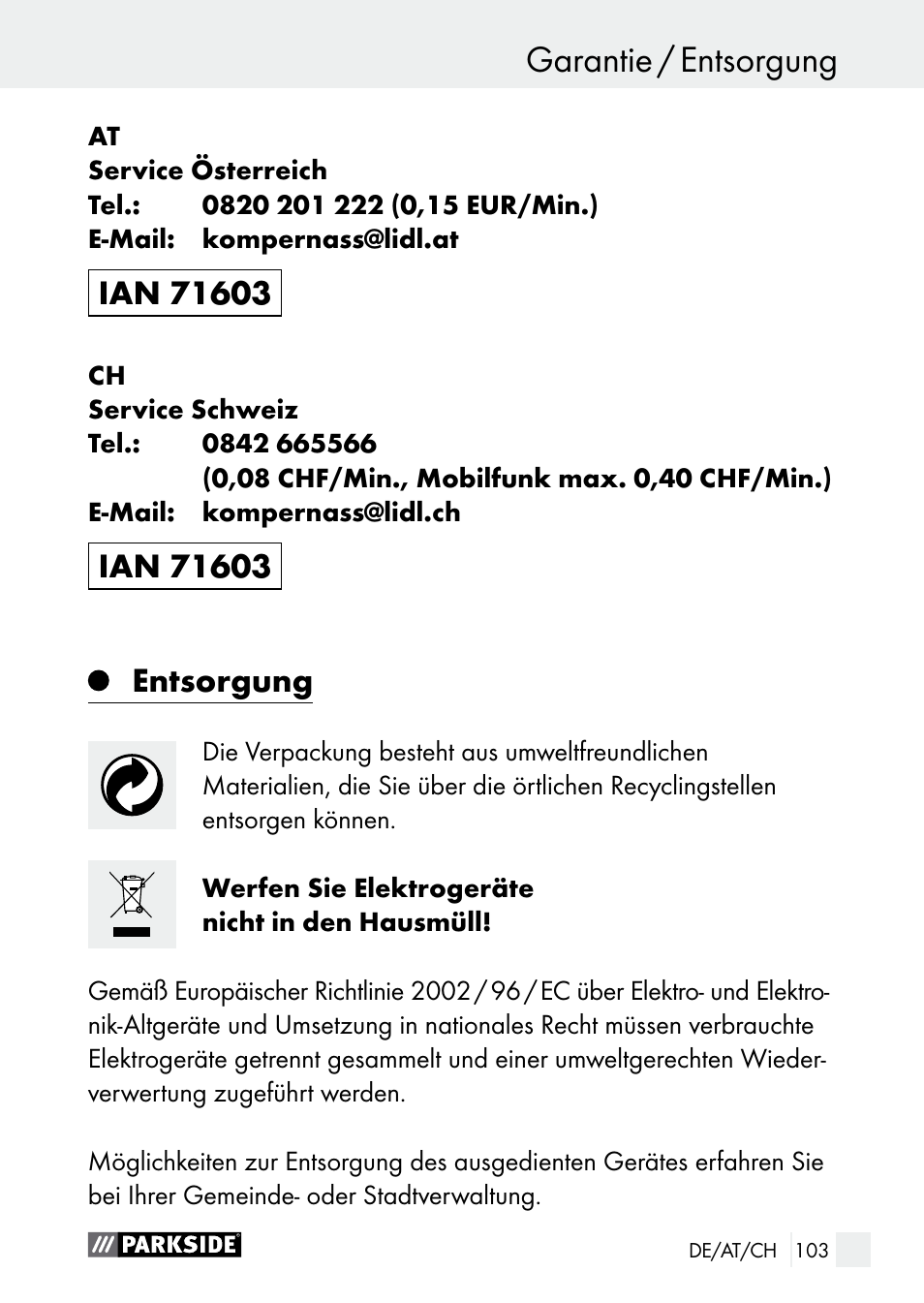 Garantie / entsorgung garantie, Entsorgung | Parkside PLBS 30 A1 User Manual | Page 103 / 106