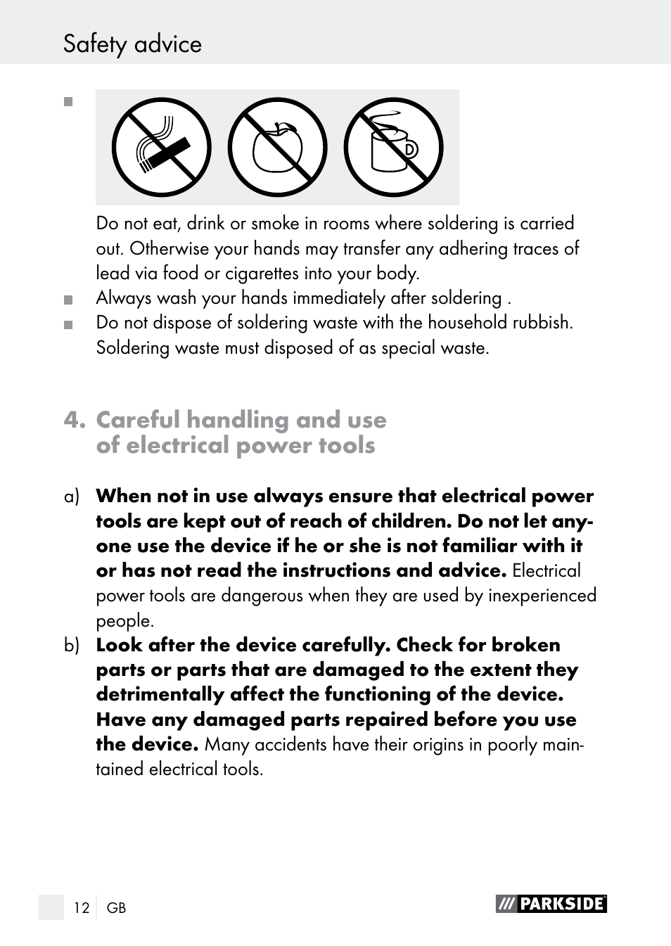 Safety advice / before first use safety advice, Careful handling and use of electrical power tools | Parkside PLBS 30 A1 User Manual | Page 12 / 106