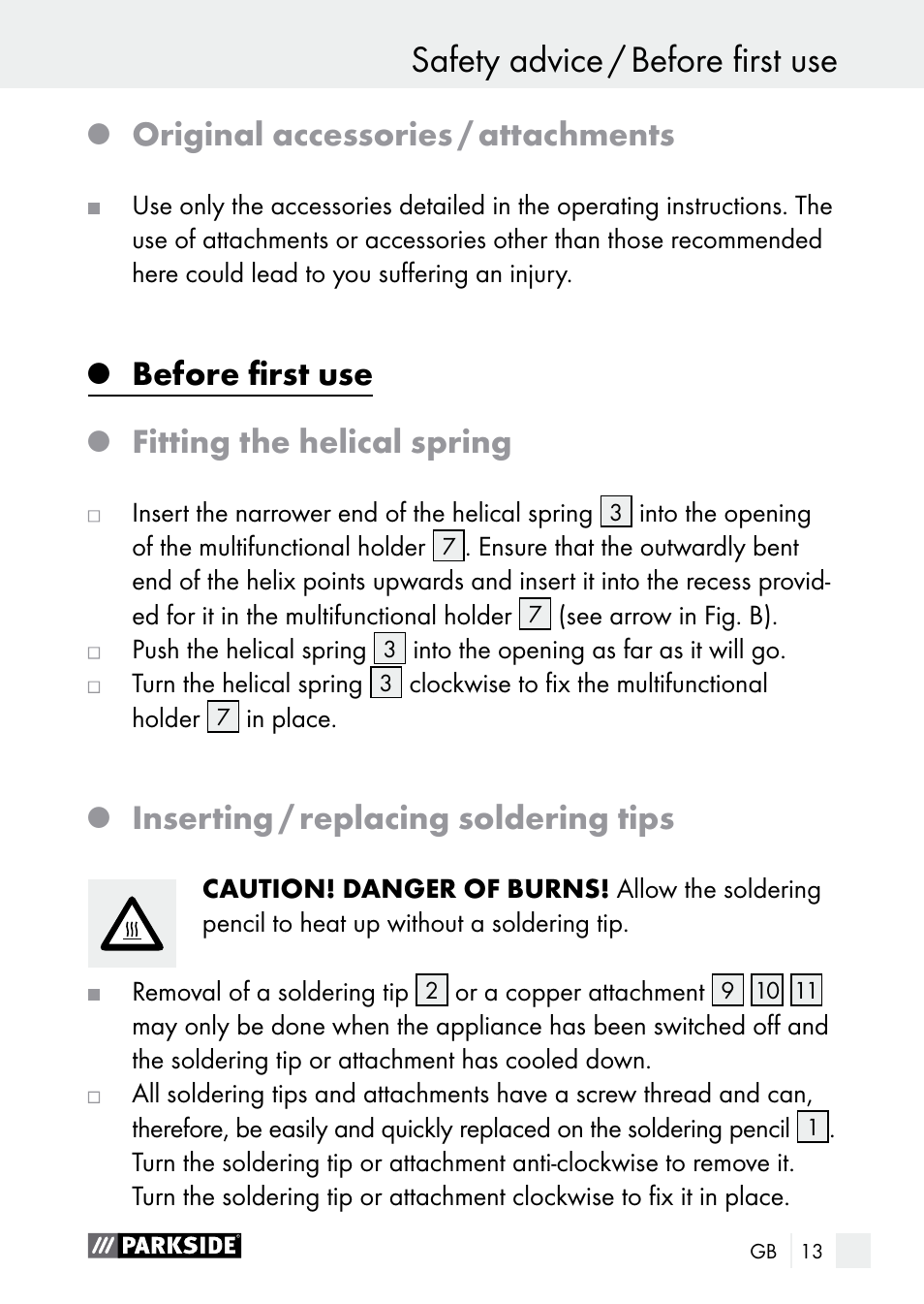 Safety advice / before first use, Safety advice, Original accessories / attachments | Before first use, Fitting the helical spring, Inserting / replacing soldering tips | Parkside PLBS 30 A1 User Manual | Page 13 / 106
