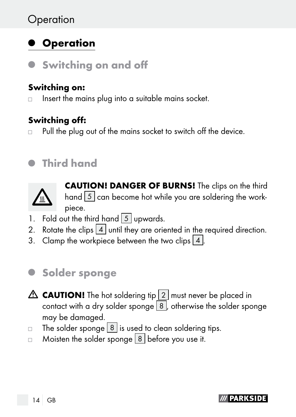Operation, Switching on and off, Third hand | Solder sponge | Parkside PLBS 30 A1 User Manual | Page 14 / 106