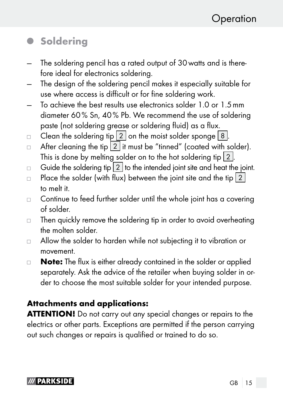 Operation, Soldering | Parkside PLBS 30 A1 User Manual | Page 15 / 106