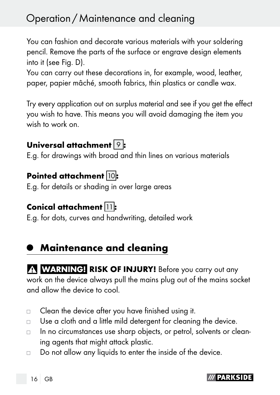 Maintenance and cleaning | Parkside PLBS 30 A1 User Manual | Page 16 / 106