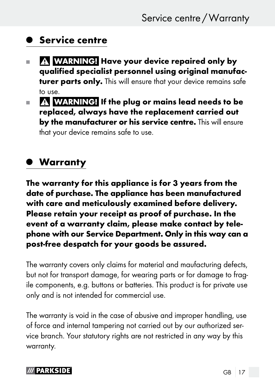 Service centre, Warranty | Parkside PLBS 30 A1 User Manual | Page 17 / 106