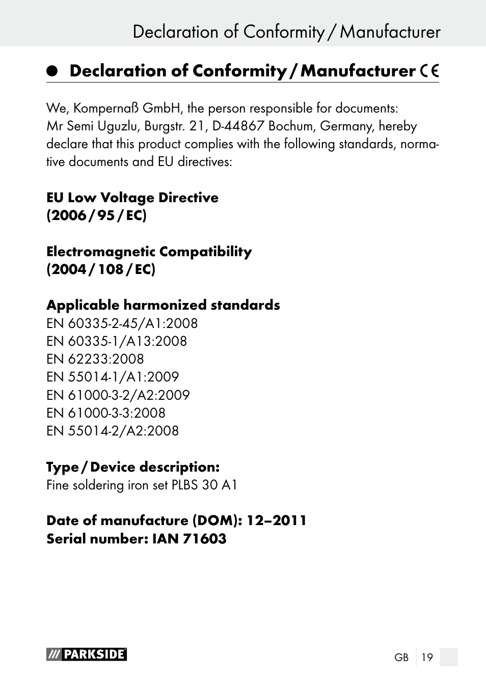 Declaration of conformity / manufacturer | Parkside PLBS 30 A1 User Manual | Page 19 / 106
