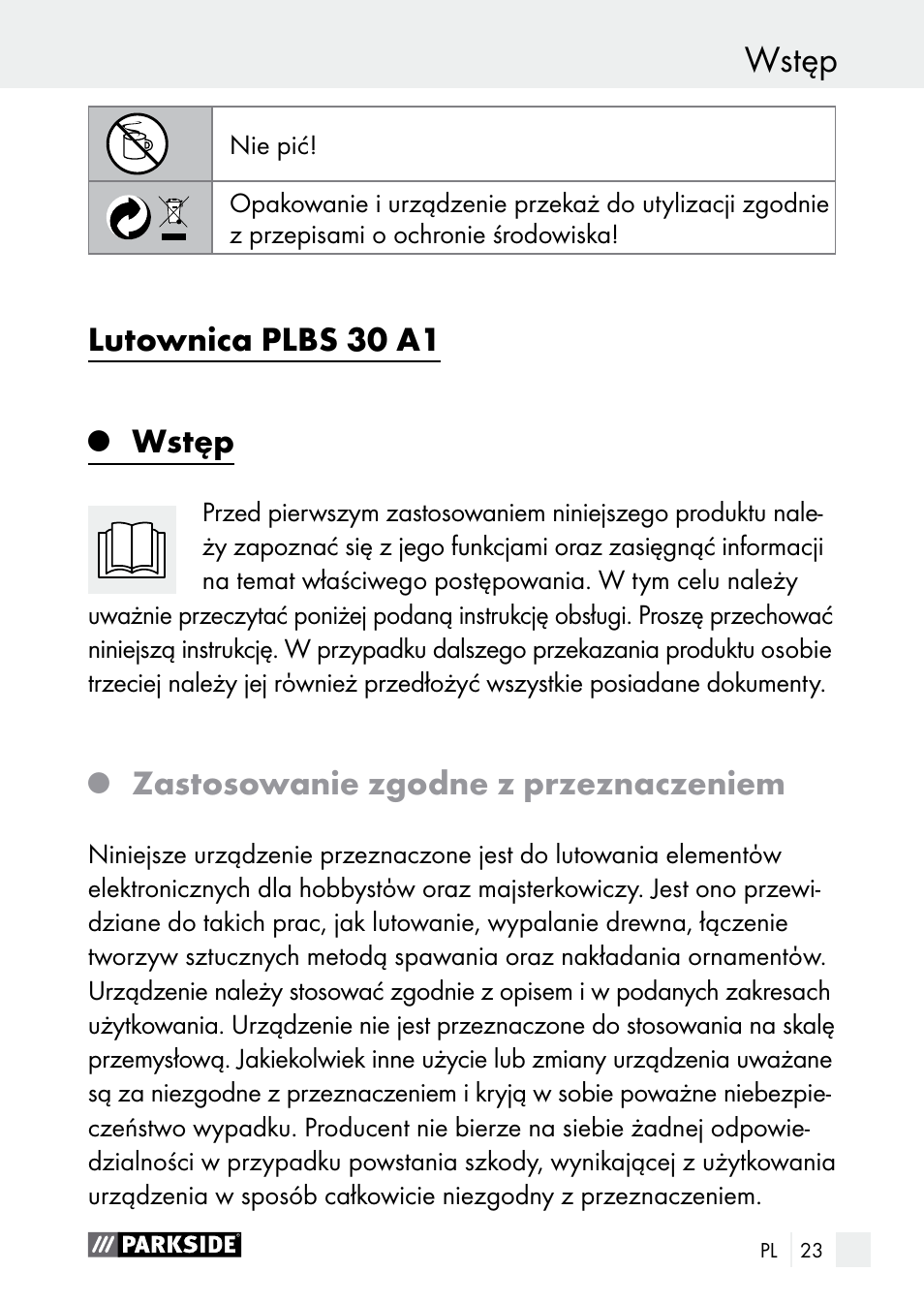 Lutownica plbs 30 a1, Wstęp, Zastosowanie zgodne z przeznaczeniem | Parkside PLBS 30 A1 User Manual | Page 23 / 106