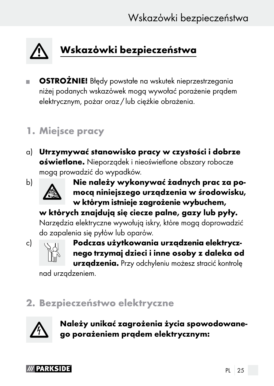 Wskazόwki bezpieczeństwa wstęp, Wskazόwki bezpieczeństwa, Miejsce pracy | Bezpieczeństwo elektryczne | Parkside PLBS 30 A1 User Manual | Page 25 / 106