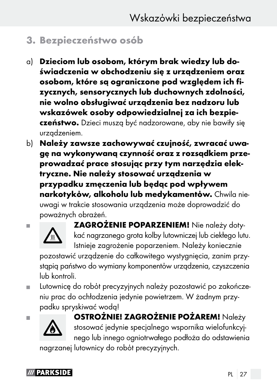 Wskazόwki bezpieczeństwa, Bezpieczeństwo osób | Parkside PLBS 30 A1 User Manual | Page 27 / 106