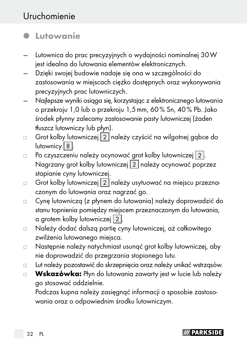 Uruchomienie, Lutowanie | Parkside PLBS 30 A1 User Manual | Page 32 / 106