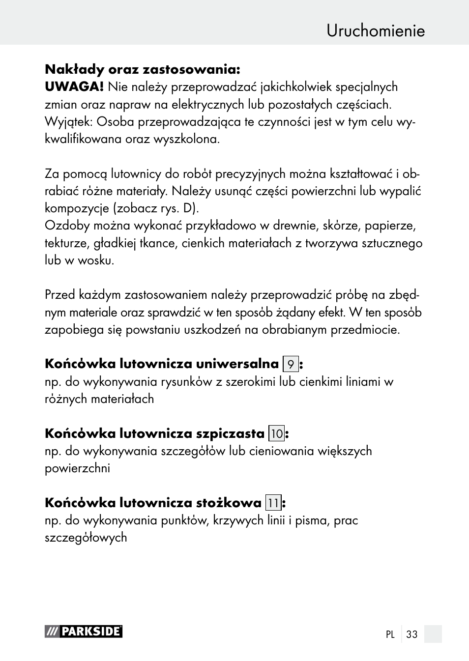 Uruchomienie | Parkside PLBS 30 A1 User Manual | Page 33 / 106