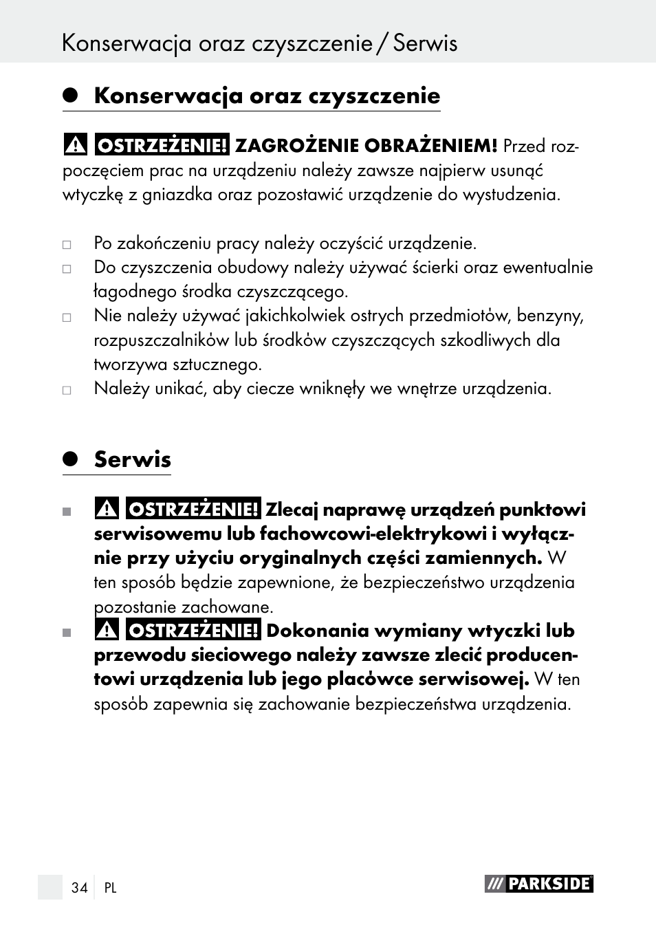Gwarancja konserwacja oraz czyszczenie / serwis, Konserwacja oraz czyszczenie, Serwis | Parkside PLBS 30 A1 User Manual | Page 34 / 106