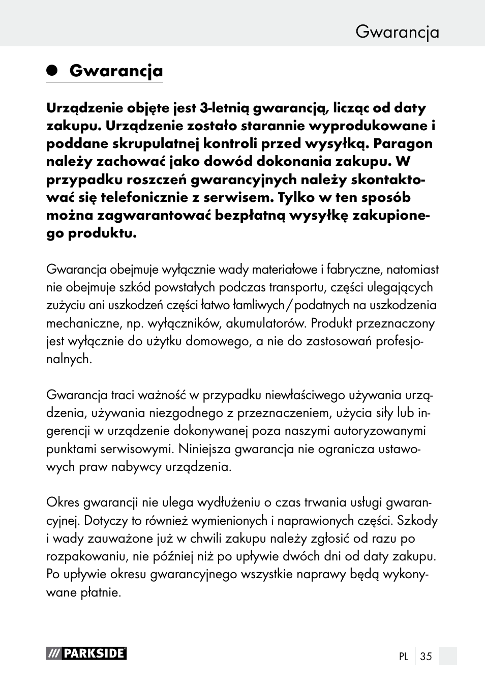 Gwarancja konserwacja oraz czyszczenie / serwis, Gwarancja | Parkside PLBS 30 A1 User Manual | Page 35 / 106
