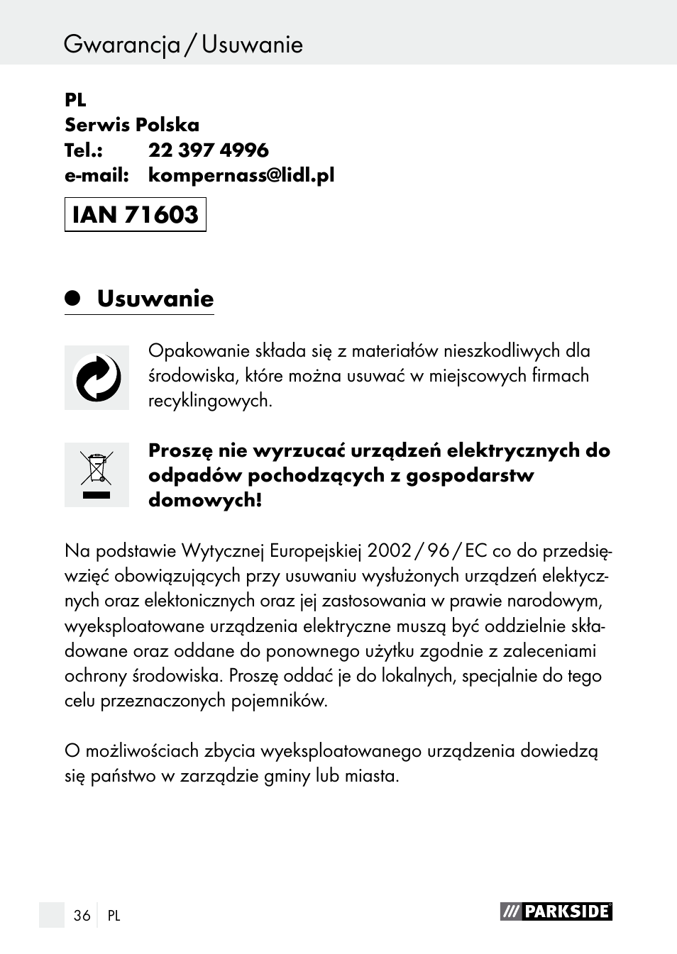 Deklaracja zgodności / producent, Gwarancja / usuwanie, Usuwanie | Parkside PLBS 30 A1 User Manual | Page 36 / 106