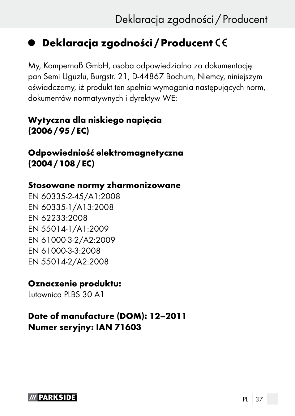 Deklaracja zgodności / producent, Gwarancja / usuwanie | Parkside PLBS 30 A1 User Manual | Page 37 / 106