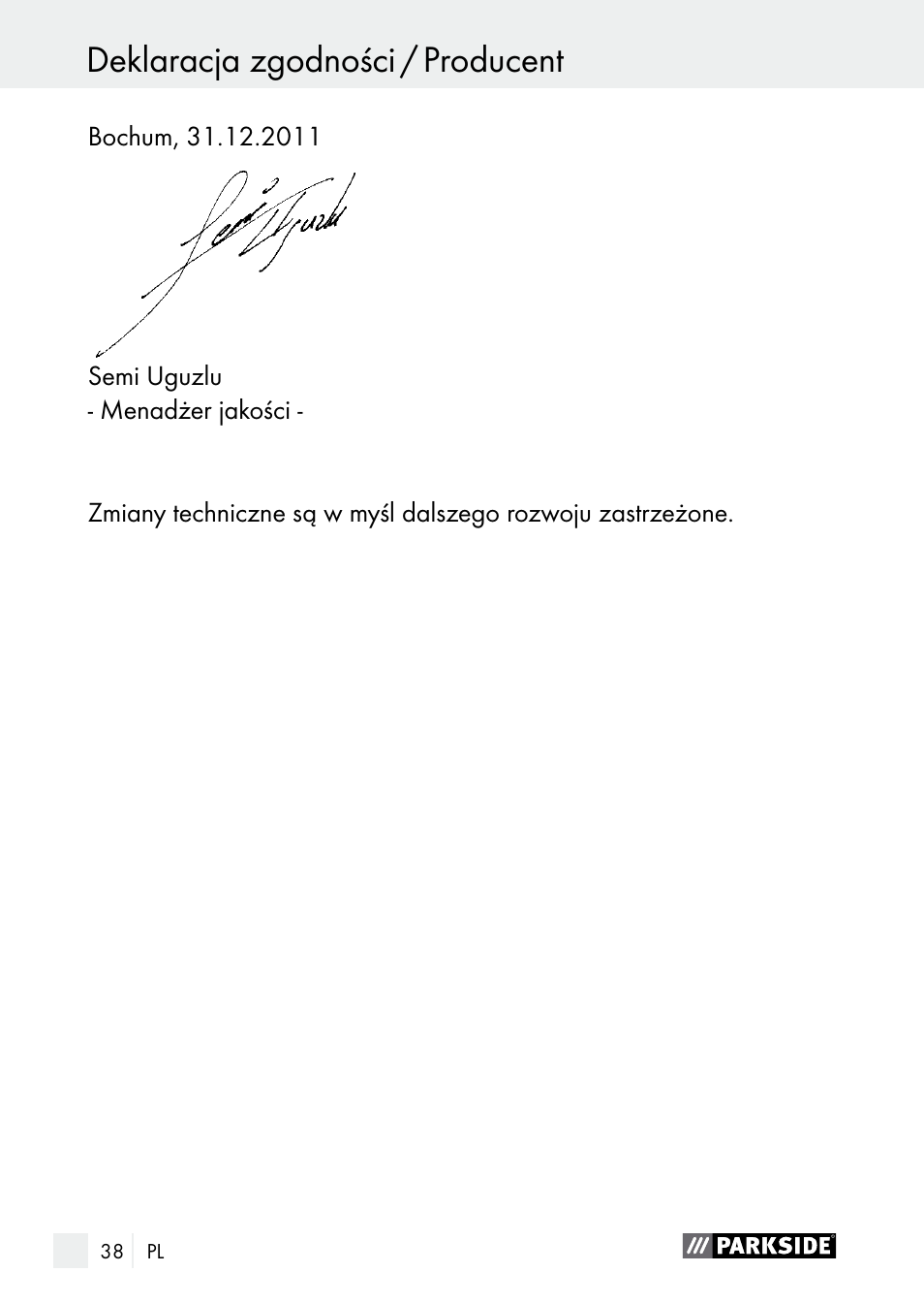 Deklaracja zgodności / producent, Kazalo | Parkside PLBS 30 A1 User Manual | Page 38 / 106