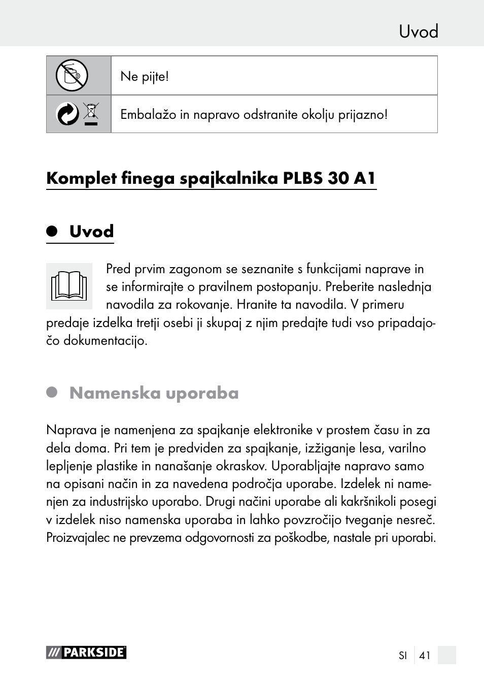 Uvod, Komplet finega spajkalnika plbs 30 a1, Namenska uporaba | Parkside PLBS 30 A1 User Manual | Page 41 / 106