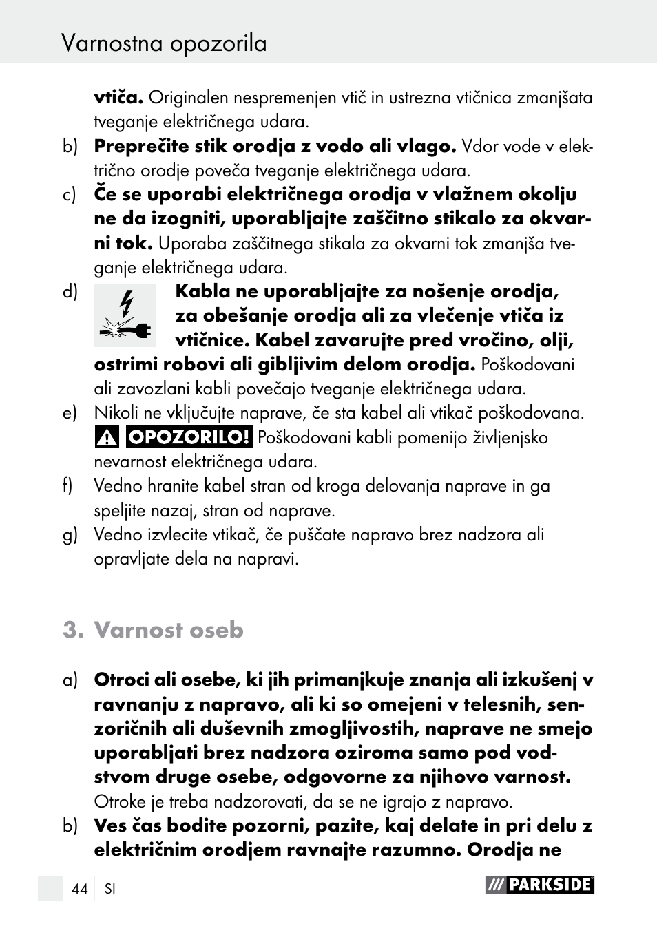 Varnostna opozorila, Varnost oseb | Parkside PLBS 30 A1 User Manual | Page 44 / 106