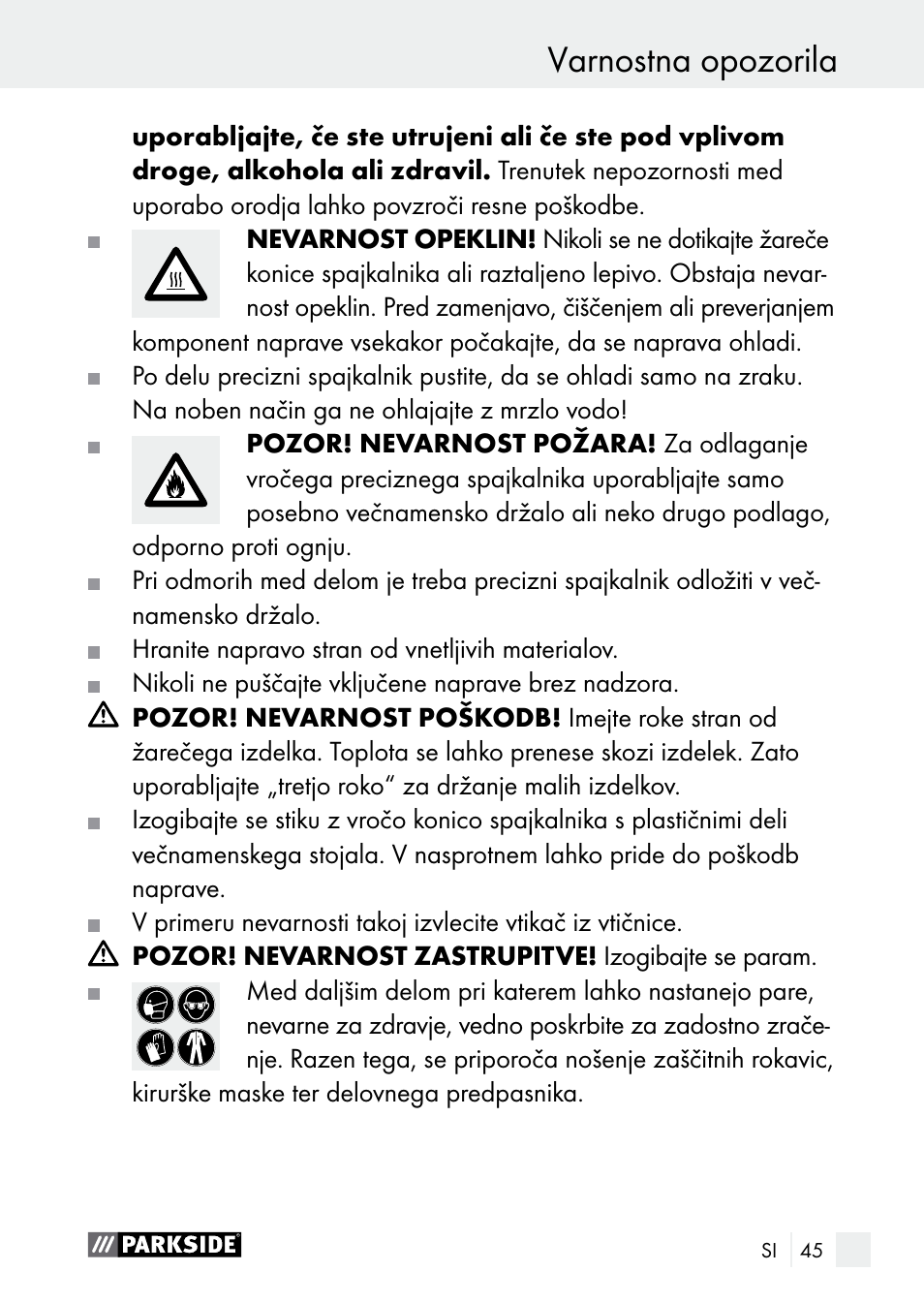 Varnostna opozorila | Parkside PLBS 30 A1 User Manual | Page 45 / 106